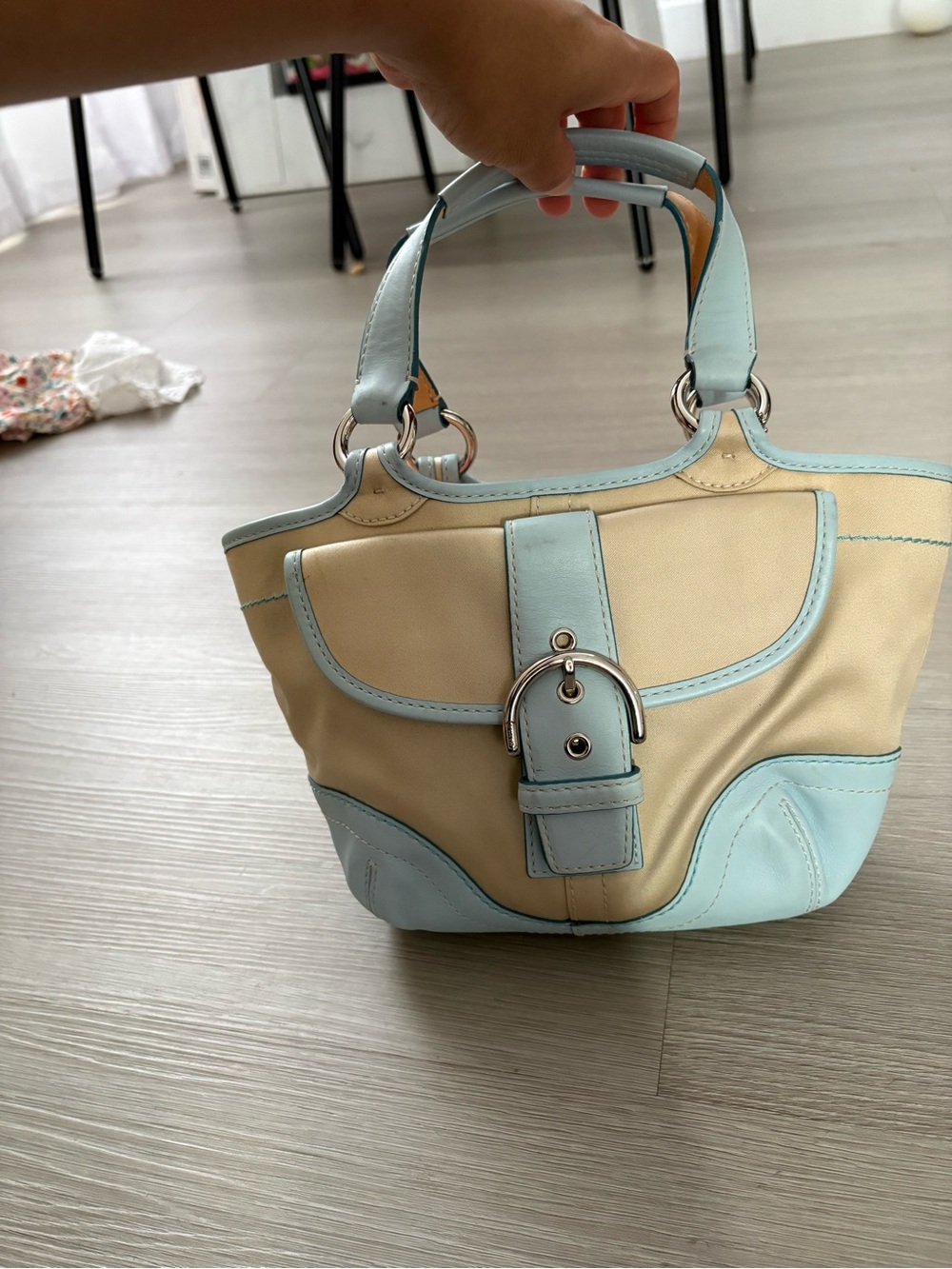 Coach Cream and Light Blue Leather Accent Shoulder Bag